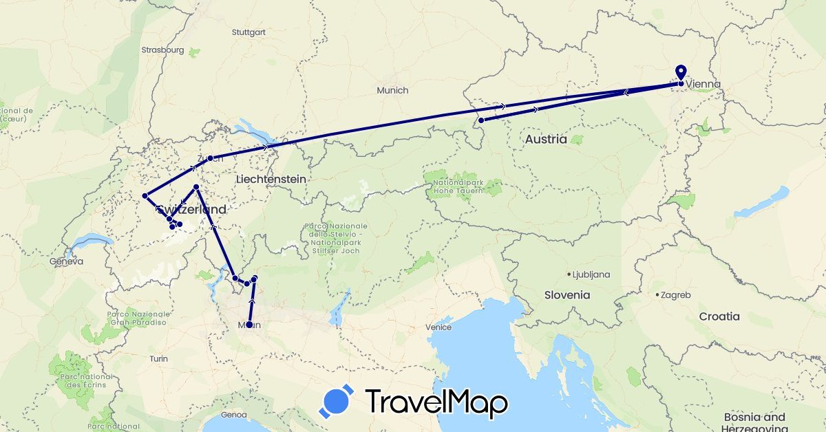 TravelMap itinerary: driving in Austria, Switzerland, Italy (Europe)